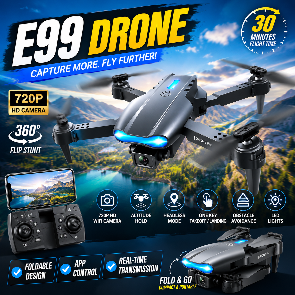 E99 Drone Camera – Foldable HD WiFi Quadcopter